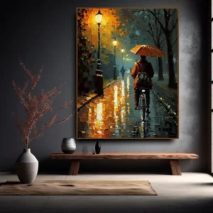 "Fietsen in de Regen" - Handgeschilderd Canvas Schilderij van Nederlandse Straatscène