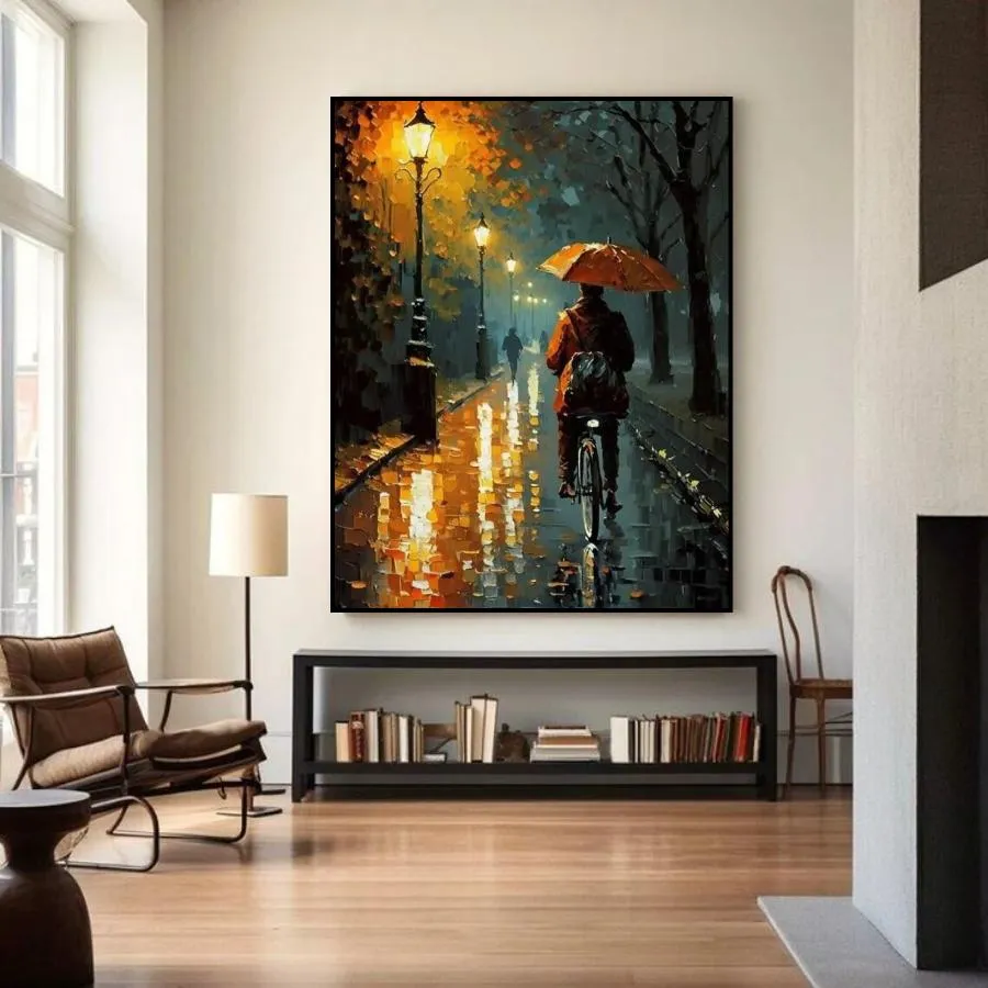 "Fietsen in de Regen" - Handgeschilderd Canvas Schilderij van Nederlandse Straatscène