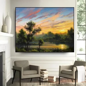 Olieverfschilderij van groene bomen, een rivier en een zonsondergang - rustgevend landschap op canvas