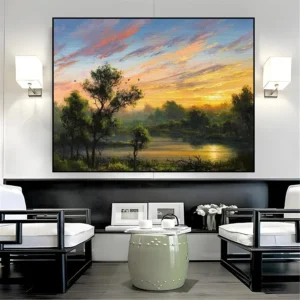 Olieverfschilderij van groene bomen, een rivier en een zonsondergang - rustgevend landschap op canvas