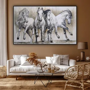 Handgeschilderd olieverfschilderij van een paard op canvas, met elegante penseelstreken en warme kleuren.