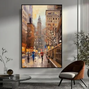 Handgeschilderd olieverfschilderij van een regenachtige herfstdag in een stad, met warme kleuren en reflecterende details.