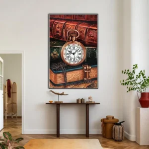 Olieverfschilderij van zakhorloge en boek op canvas - vintage kunst voor decoratie