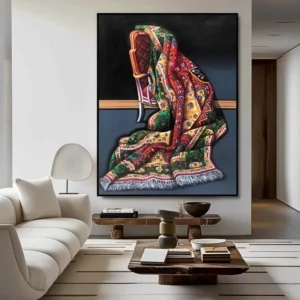 Handgemaakt olieverfschilderij "Antiek Tapijt Elegantie" met een gedetailleerd antiek tapijt op een klassieke stoel