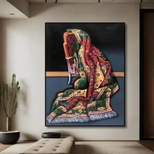 Handgemaakt olieverfschilderij "Antiek Tapijt Elegantie" met een gedetailleerd antiek tapijt op een klassieke stoel
