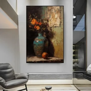 Handgemaakt olieverfschilderij van een bloemenvase met bloemen