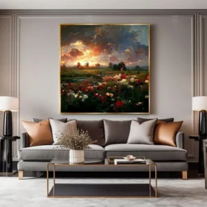 Handgemaakt olieverfschilderij met bloemen, groen en zonsondergang in warme kleuren