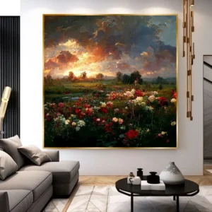 Handgemaakt olieverfschilderij met bloemen, groen en zonsondergang in warme kleuren