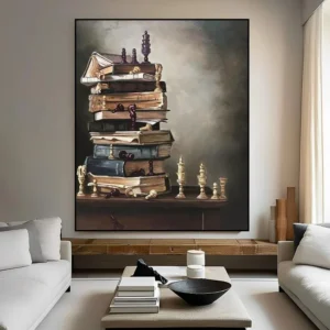 Handgemaakte olieverfschilderij met boeken en schaakstukken op een tafel