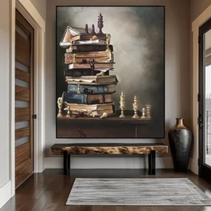 Handgemaakte olieverfschilderij met boeken en schaakstukken op een tafel
