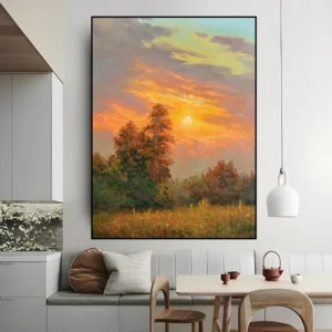 ‘Bomen en Bloemen met Zonsopgang Achter de Wolken’ Handgemaakt Olie Schilderij – Natuurkunst voor Thuis Handgemaakt olie schilderij 'Bomen en Bloemen met Zonsopgang Achter de Wolken' met bomen, bloemen en zonlicht op canvas