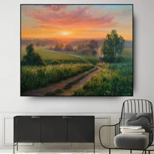 'Groen Landschap bij Zonsondergang' Handgemaakt Olie Schilderij – Natuurlijke Kunst voor Thuis