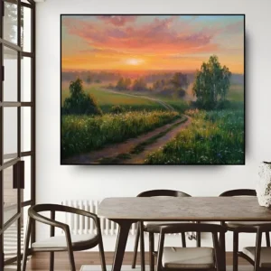 Handgemaakt olie schilderij 'Groen Landschap bij Zonsondergang' met weelderig groen en warme zonsondergangkleuren op canvas