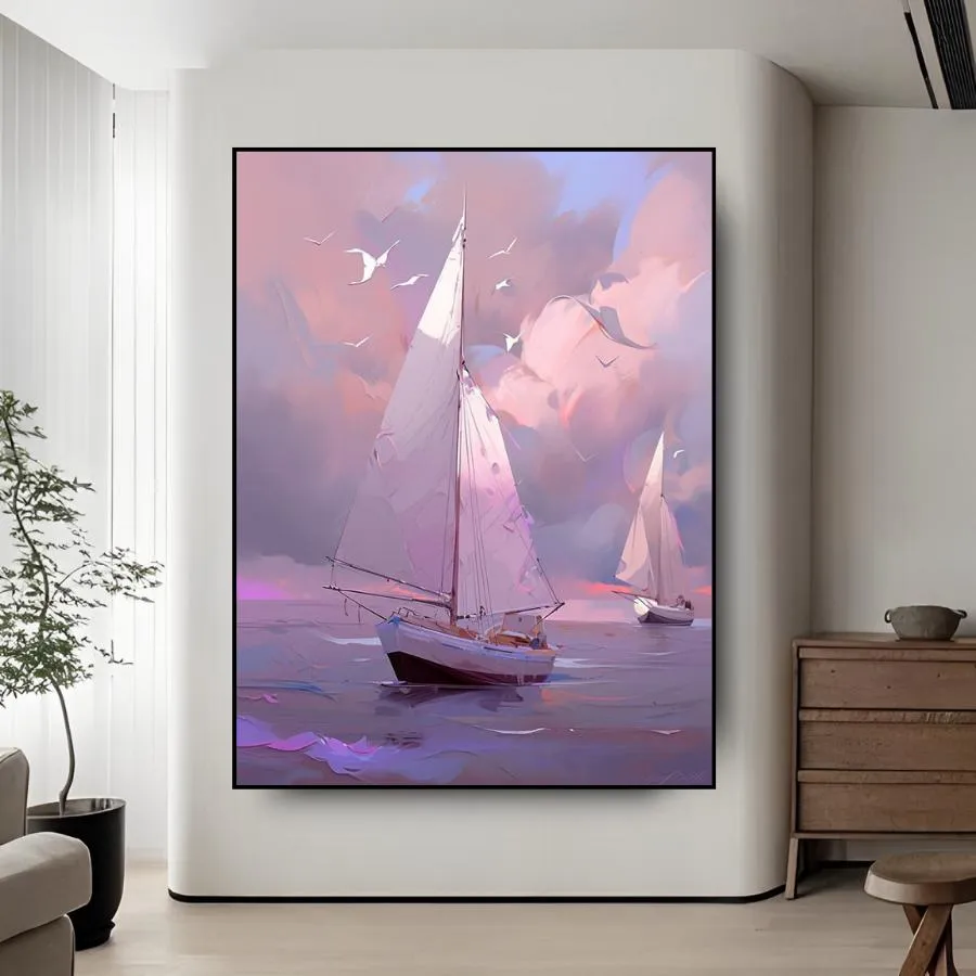 Handgemaakt olieverfschilderij van witte windsurfers op een rivier met vogels in de lucht