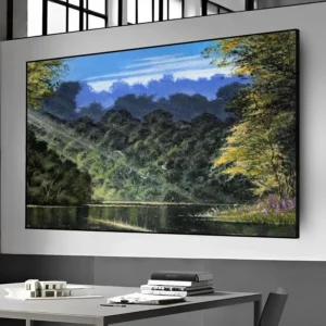 Handgemaakte olieverfschilderij van een bos met stromend meer en zonnestralen