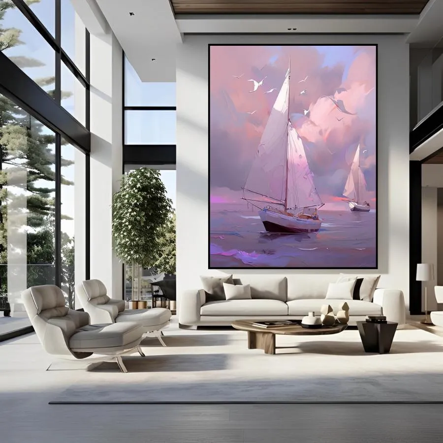 Handgemaakt olieverfschilderij van witte windsurfers op een rivier met vogels in de lucht