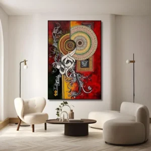 Exclusief handgeschilderd olieverfschilderij "Surah Rehman" met sierlijke Arabische kalligrafie en spirituele symbolen