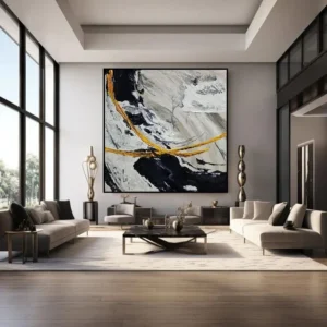 Exclusief handgeschilderd abstract olieverfschilderij "Wit, Zwart en Goud" met harmonieuze witte, zwarte en gouden vormen