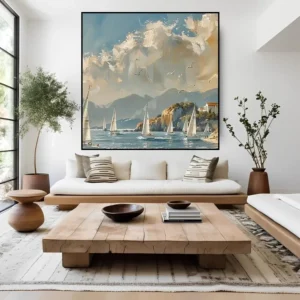 'Witte Boten op Zee met Witte Wolken' Handgemaakt Olie Schilderij – Maritiem Kunstwerk voor Thuis