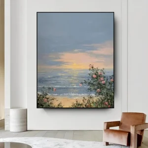Handgemaakt olieverf schilderij 'Zee en Bloemen' met maritieme en bloemrijke motieven op canvas