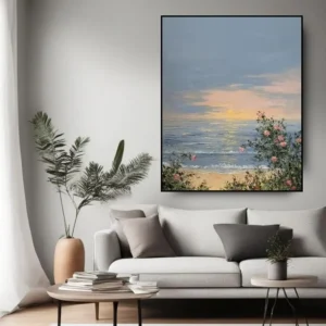 Handgemaakt olie schilderij 'Zee en Bloemen' met maritieme en bloemrijke motieven op canvas